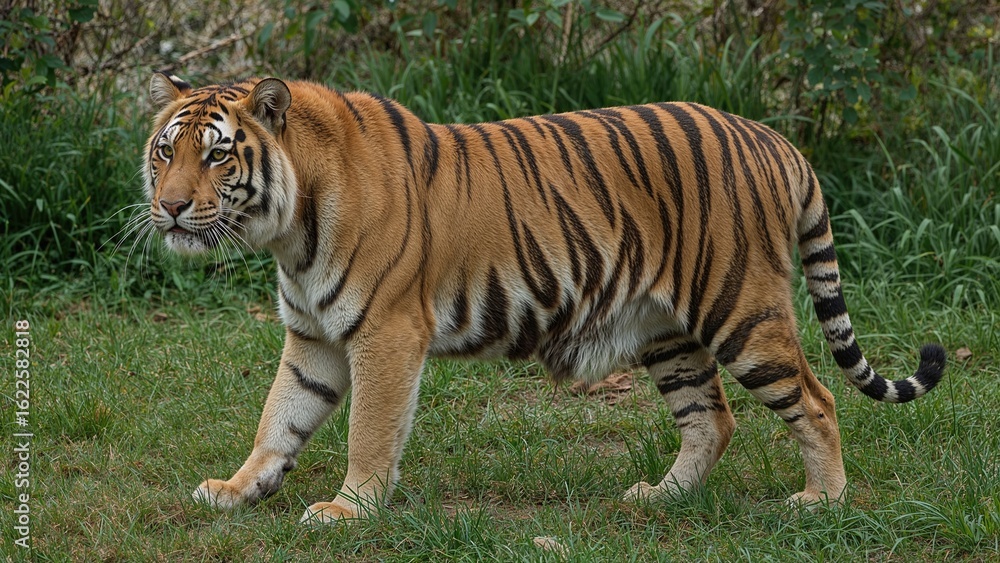 Obraz premium Recognized by its dark stripes and orange-brown fur, the tiger (Panthera tigris) is the largest existing member of the Panthera genus.