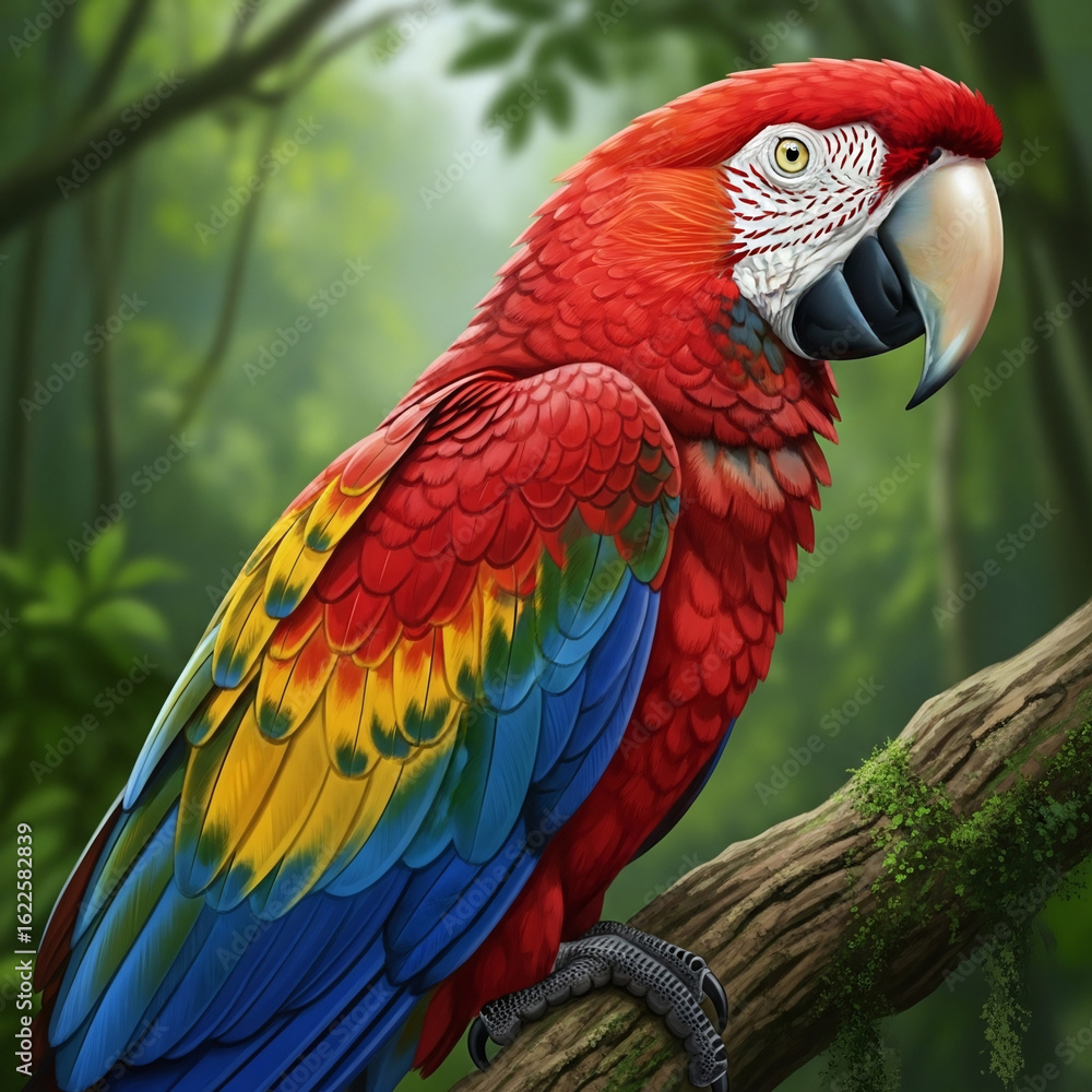 Obraz premium .Vibrant Scarlet Macaw Perched on a Branch in a Lush Forest