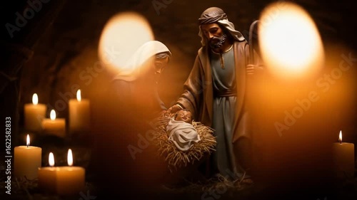 Nativity scene depicting Mary and Joseph adoring baby Jesus surrounded by candles in a warm stable setting