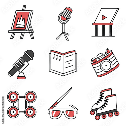 Icon Set Vector Illustration Featuring Art Easel Microphone Book Rollerskates and Movie Screen Doodle Style in Black and Red Colors