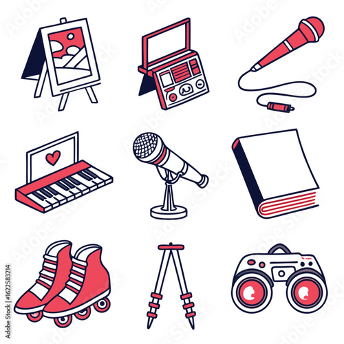 Illustration Vector Set with Art Easel Piano Boombox Roller Skates and Microphone Icons in Isometric Style