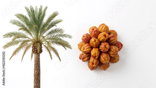 Depicted on a white background is the sweet fruit called date palm, scientifically named Phoenix dactylifera, from the Arecaceae family.