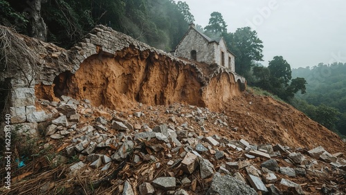 The landslide erased the wall of the building.