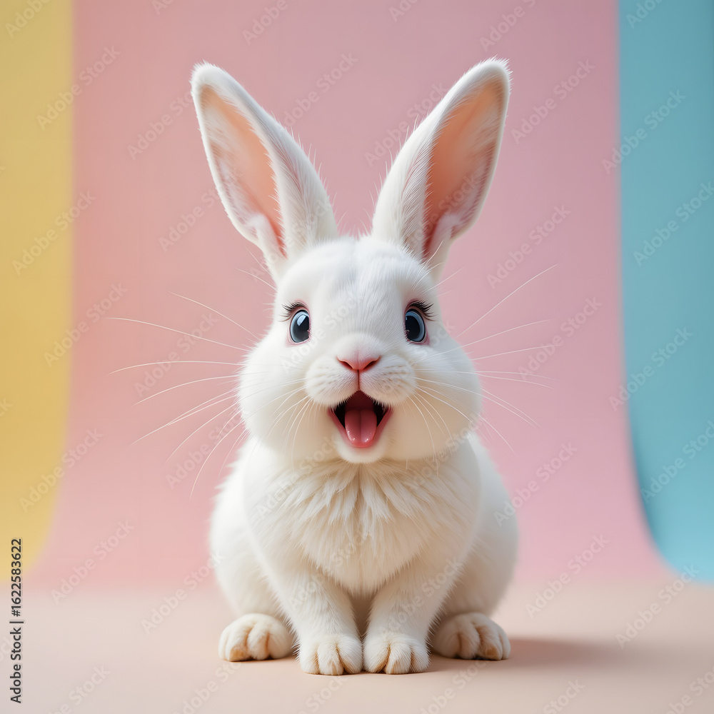 Fototapeta premium Adorable white rabbit on a colorful background. Generative AI