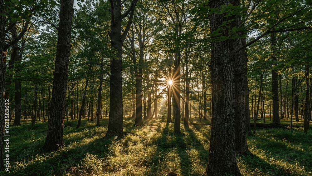 Fototapeta premium Bright sunlight streaming through tall trees