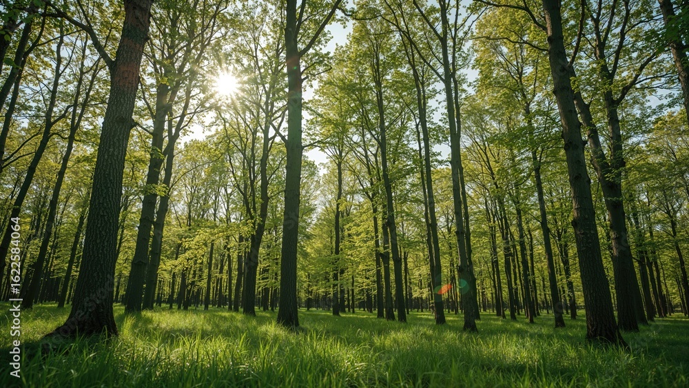 Fototapeta premium Scenic forest with lush green deciduous trees in a temperate region