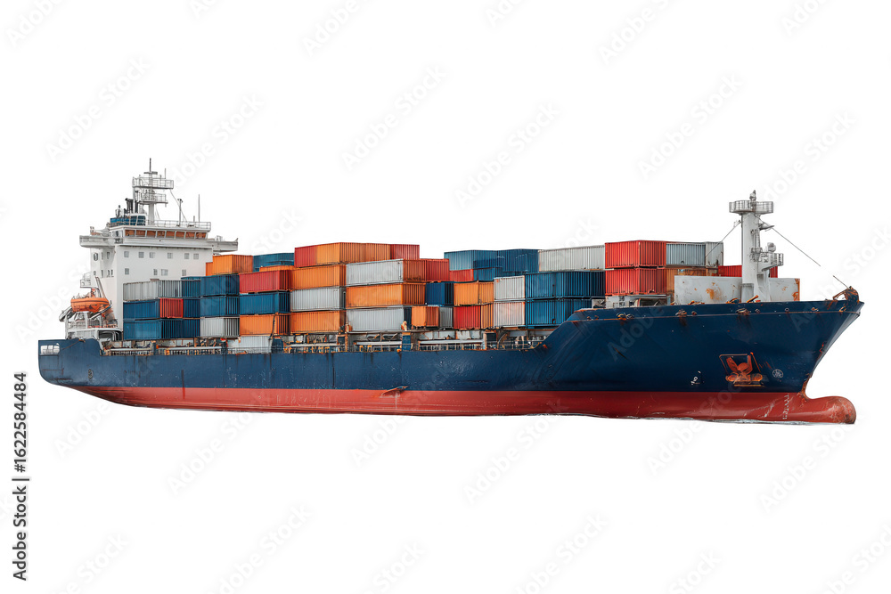 Fototapeta premium Cargo ship side view, loaded with containers