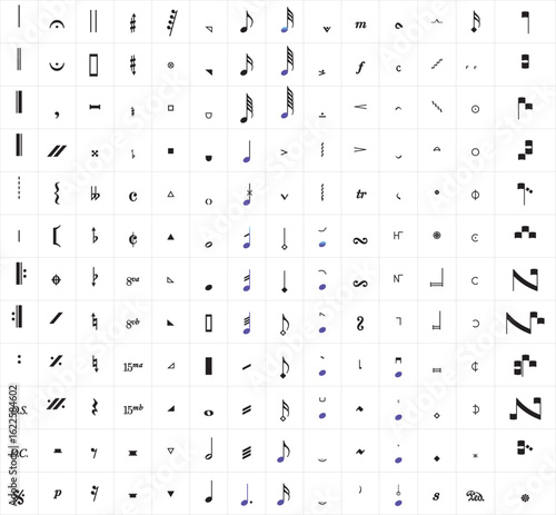 Modern Musical Notation Symbol Icon. Vector Set Featuring Clefs, Notes, Rests, Time Signatures, Accidentals, Ornaments, Piano. Instrument Markings for Music Education, Sheet Composer Performance
