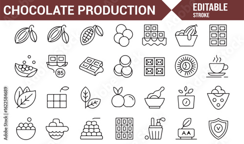 Vector Icons for Chocolate Production Stages Including Raw Beans and Final Product
