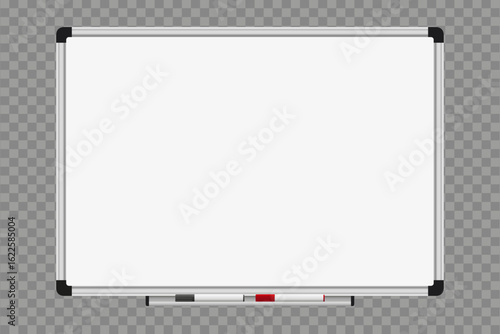 Realistic empty whiteboard with magnets and marker pens. Blank projection screen for office presentations.