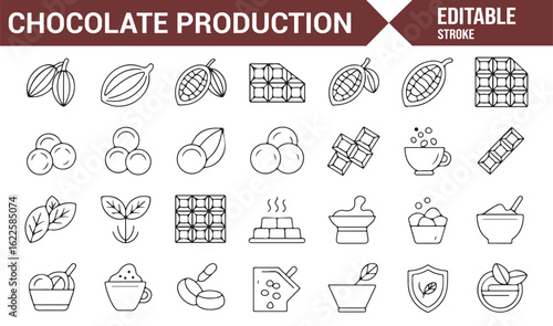 Chocolate Industry Icons Depicting Cocoa Beans, Bars, and Ingredients