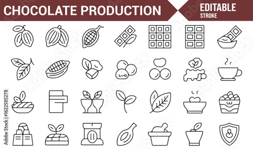 Simple Icons of Cocoa Beans, Chocolate Ingredients, and Production Process