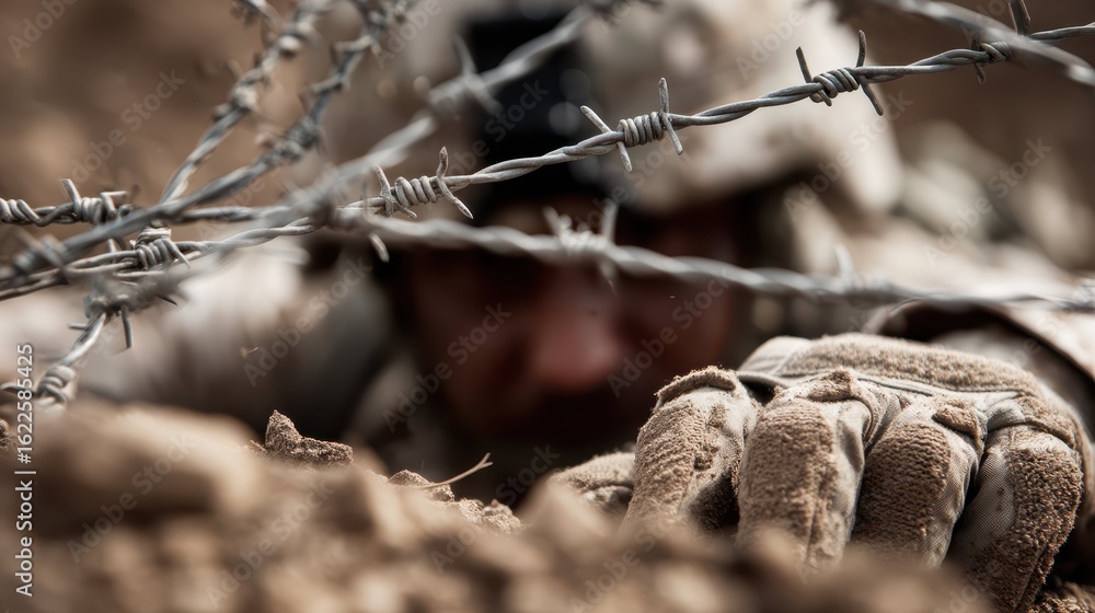 Fototapeta premium Soldier Crawling Under Barbed Wire in Tactical Military Scenario