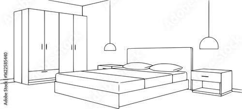 vector bedroom with bed black lines .Generative AI
