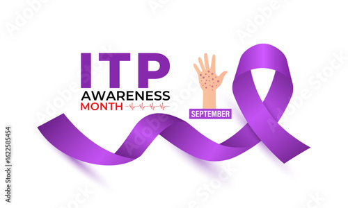 September Is ITP Awareness Month. A concept for healthcare and medicine. Ribbons, blood, hands, hearts, and plus signs. Creating for web banner, cards, prints, social media, poster, and backgroud.