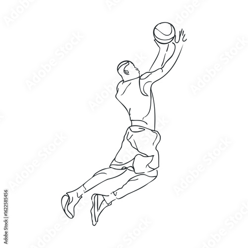 Dynamic basketball player jumping for a slam dunk during practice