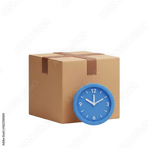 Cardboard delivery box with a clock, isolated on transparent background