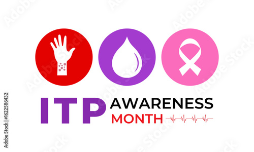 September Is ITP Awareness Month. A concept for healthcare and medicine. Ribbons, blood, hands, hearts, and plus signs. Creating for web banner, cards, prints, social media, poster, and backgroud.