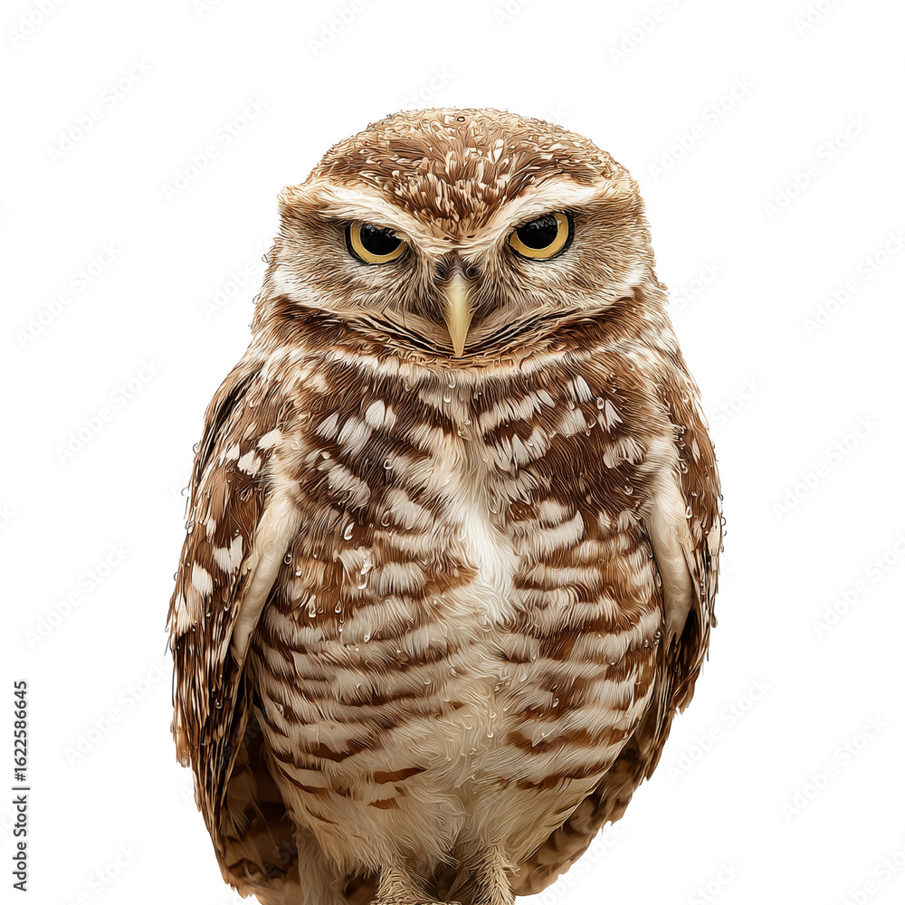 Fototapeta premium Owl perched front view isolated on a transparent background