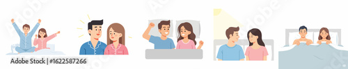 vector of husband and wife waking up in the morning