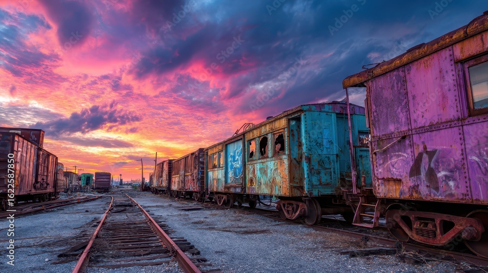 Obraz premium Vibrant Sunrise Over Abandoned Train Cars in Desolate Landscape