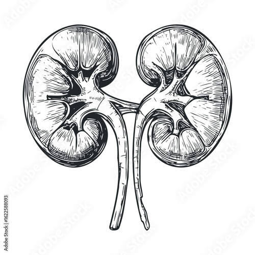 Detailed sketch of human kidneys for anatomy study and education