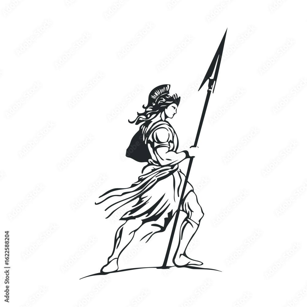 Fototapeta premium Warrior with spear walking boldly in ancient armor for design