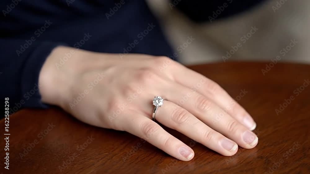A hand displays a diamond ring on a wooden surface another hand rests nearby A hand displays a diamond ring on a wooden surface another hand rests nearby