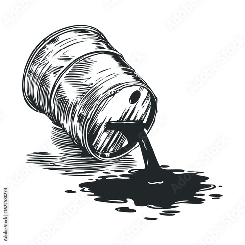 Spilled oil from a barrel creates an environmental hazard scene