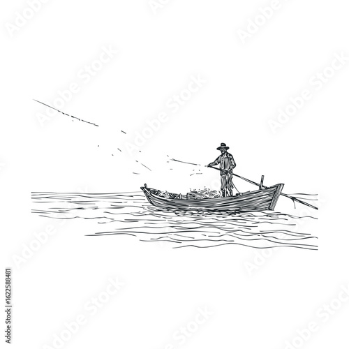 Fisherman casting a net on calm waters during early morning light