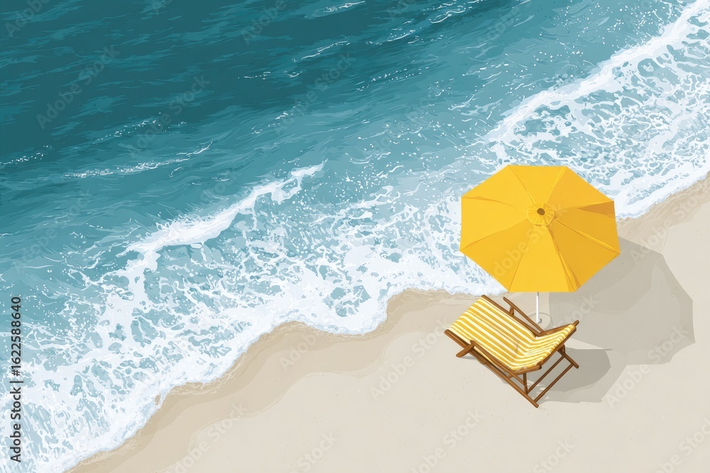 Naklejka premium Overhead view of a beach scene with a yellow umbrella and chaise lounge.