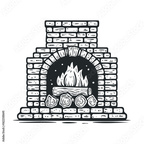 Cozy fireplace with flames and logs for winter ambiance