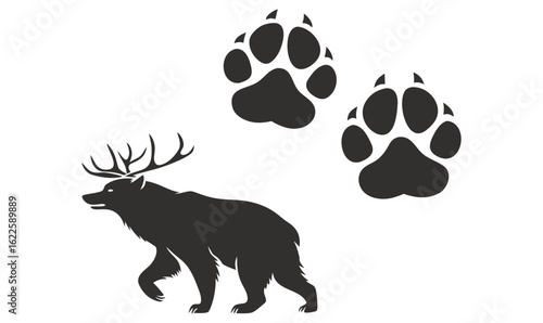 Bear with Antlers and Paw Prints Vector – Wild Animal Silhouette Icon Set