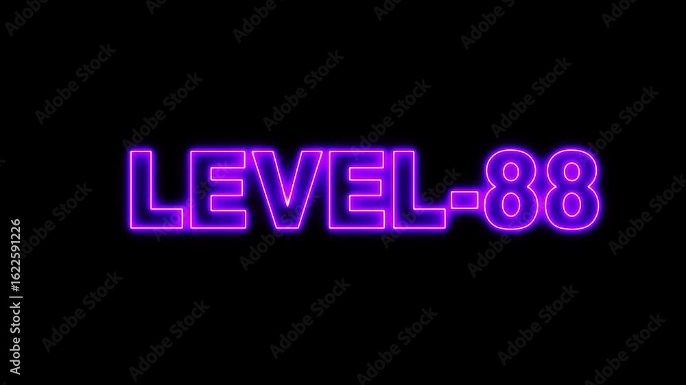 Glowing Level -88 text font animation. Level Up text sign. letters spelling out level Up appear on black background.