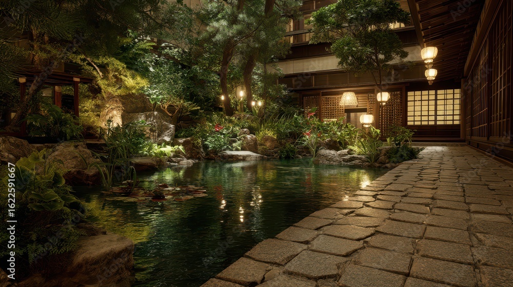 Obraz premium Serene Japanese Garden Temple with Soft Lighting and Peaceful Atmosphere