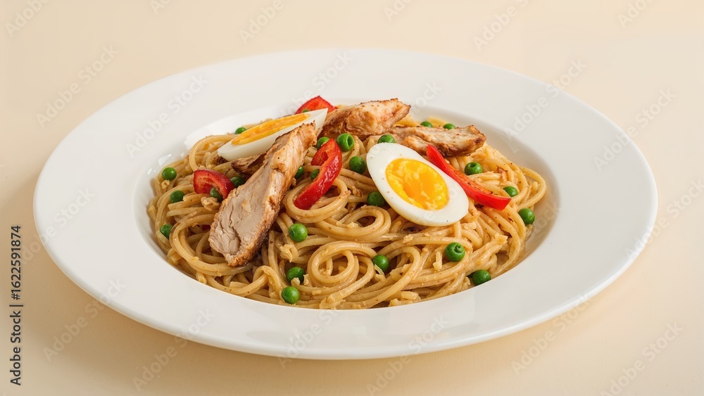 Egg and chicken pasta dish with peas and pepper made from scratch Egg and chicken pasta dish with peas and pepper made from scratch