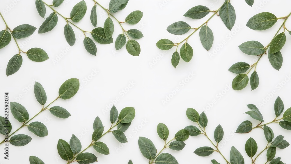 Obraz premium Eucalyptus greenery displayed on a clean white surface. Spring-themed card. Template example. High-resolution photograph.