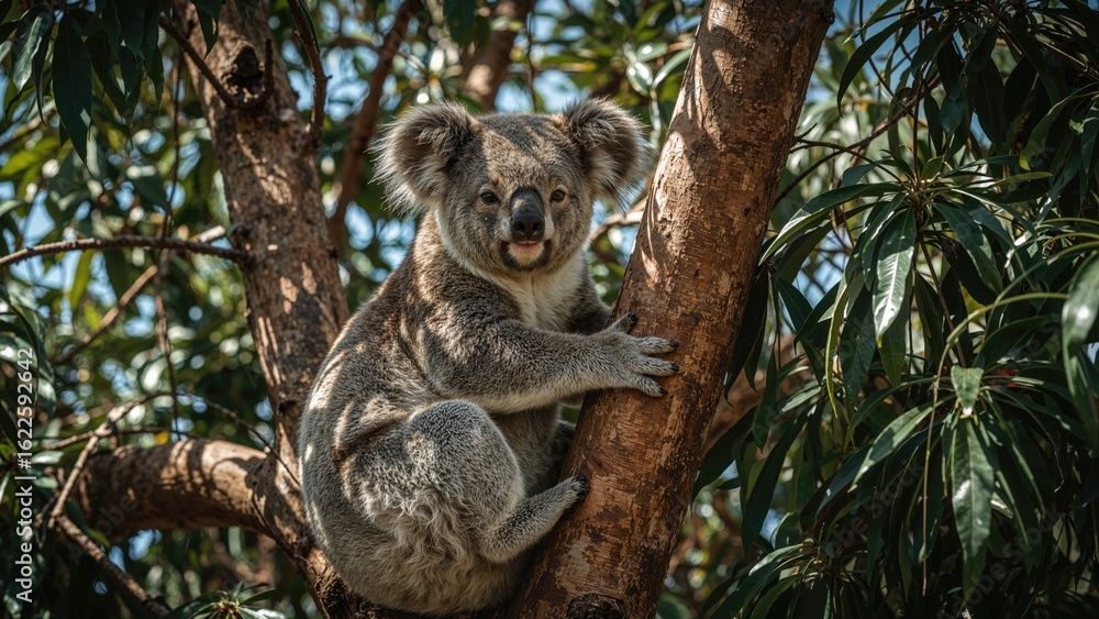 Fototapeta premium Joyful coala resting on a branch, gazing around