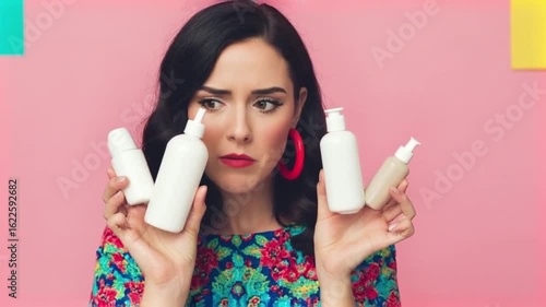 Wallpaper Mural A confused woman struggles with choosing the right cosmetic products Torontodigital.ca