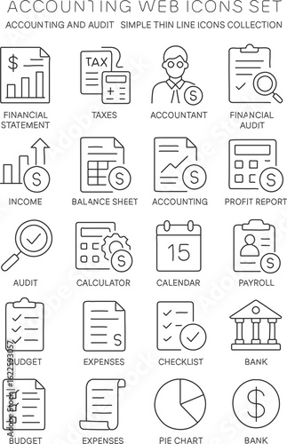 Accounting and Audit Web Icon Collection, Simple Thin Line Style, Financial Documents and Budget Report Design