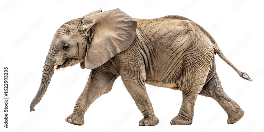 Fototapeta premium Macro full-body image of a baby elephant walking forward with ears slightly flared, textured skin and folds captured under soft overhead lighting, fully separated from background.