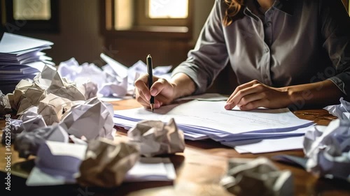 Determined Writer at a Messy Desk, Surrounded by Crumpled Paper and Discarded Drafts