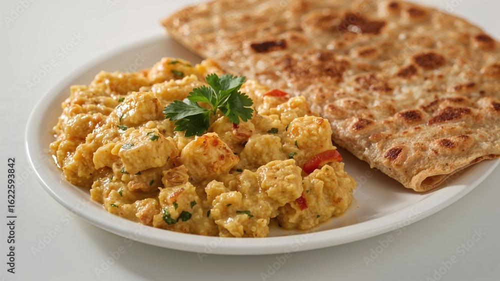 Softly spiced paneer scramble served alongside traditional flatbread Softly spiced paneer scramble served alongside traditional flatbread