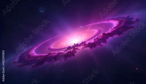 Vibrant purple spiral galaxy in deep space with a distant planet