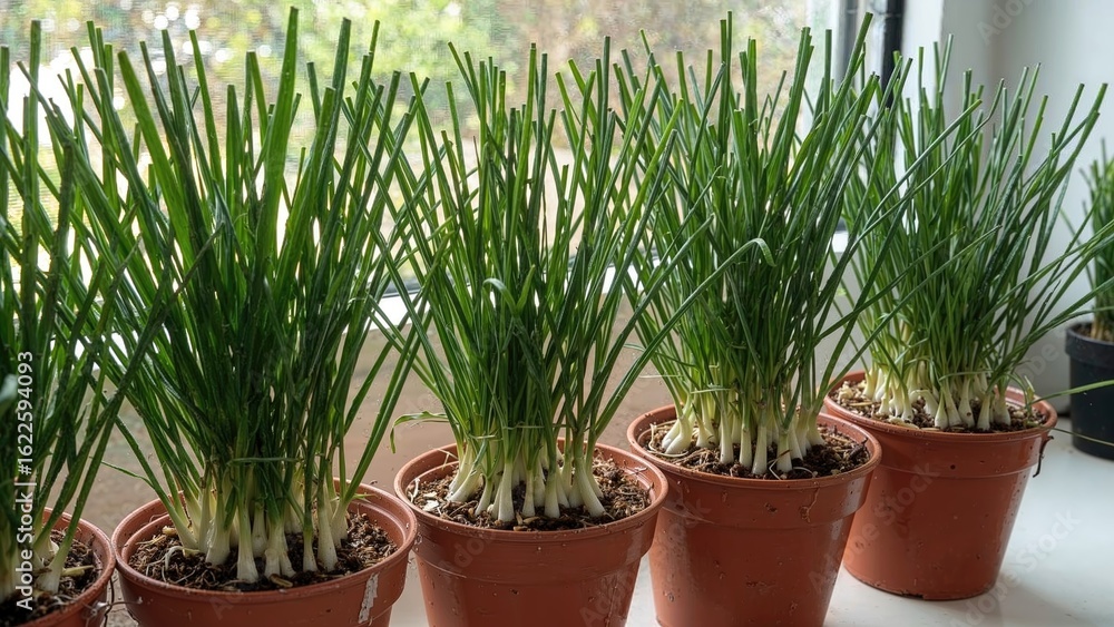 Obraz premium Kitchen windowsill adorned with sprouting chive plants in pots