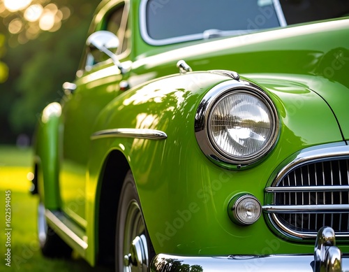 Vibrant green vintage car embodying classic style and automotive history detail