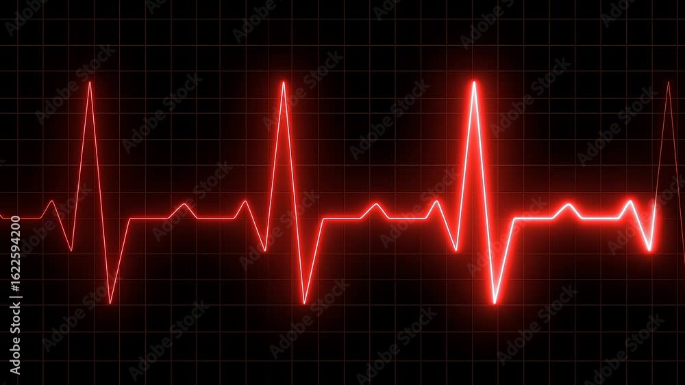 Animated Red Heartbeat Line on Black Grid Background Illustrates Medical Technology, Emergency, or Health Concerns. Animated Red Heartbeat Line on Black Grid Background Illustrates Medical Technology, Emergency, or Health Concerns.