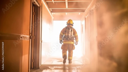 Heroic Firefighter in Full Gear Advances Down a Smoky Corridor During a Rescue Mission