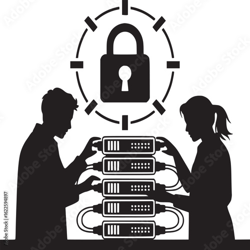 Silhouettes of people managing a server rack with a padlock above representing data security measures