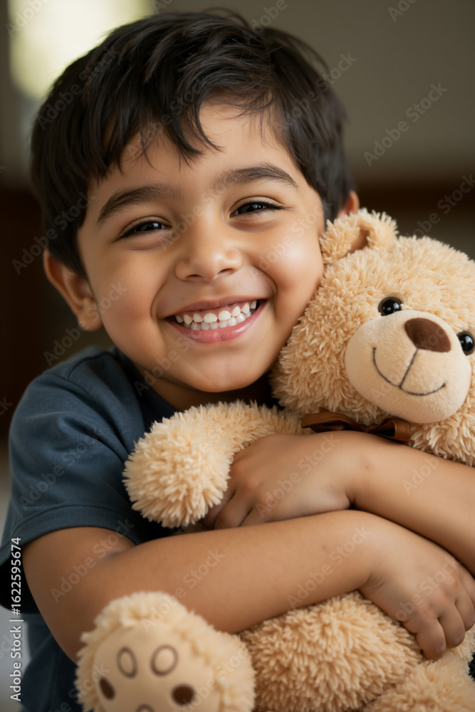 Happy boy hugging a teddy bear. Vertical portrait of smiling child embracing a soft toy at home. Happy boy hugging a teddy bear. Vertical portrait of smiling child embracing a soft toy at home.